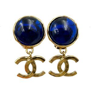 Chanel Vintage Gold Plated Blue Stone CC Dangle Clip on Earrings